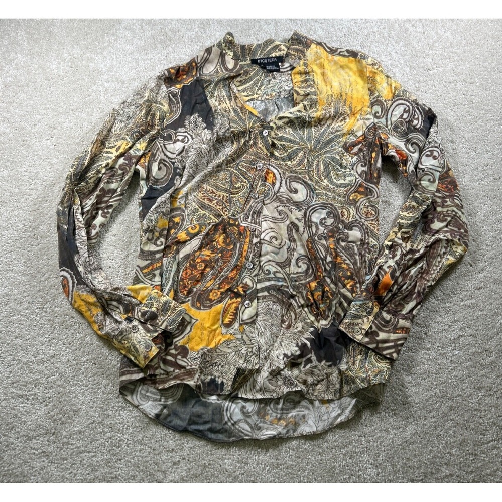 Etcetera Womens Size 6 Long Sleeve Button Up Orange & Brown Shirt